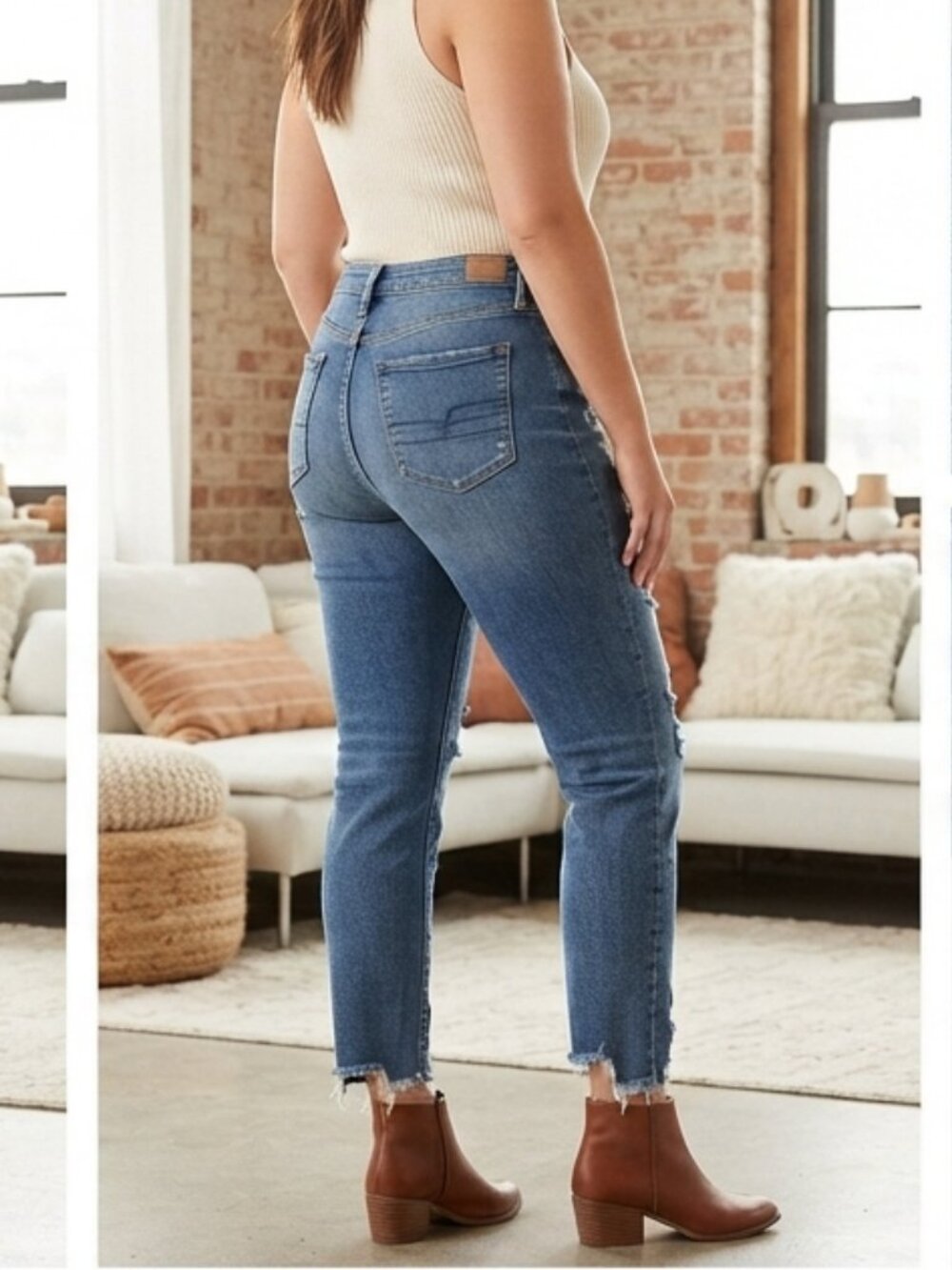 American Eagle Highest Rise Jegging Distressed Blue Denim Jeans Size 16 Short - Picture 13 of 13